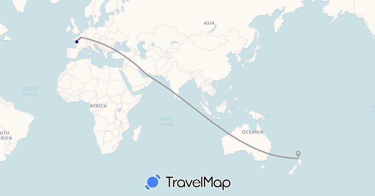 TravelMap itinerary: driving, plane, train in United Arab Emirates, Australia, France, New Zealand (Asia, Europe, Oceania)